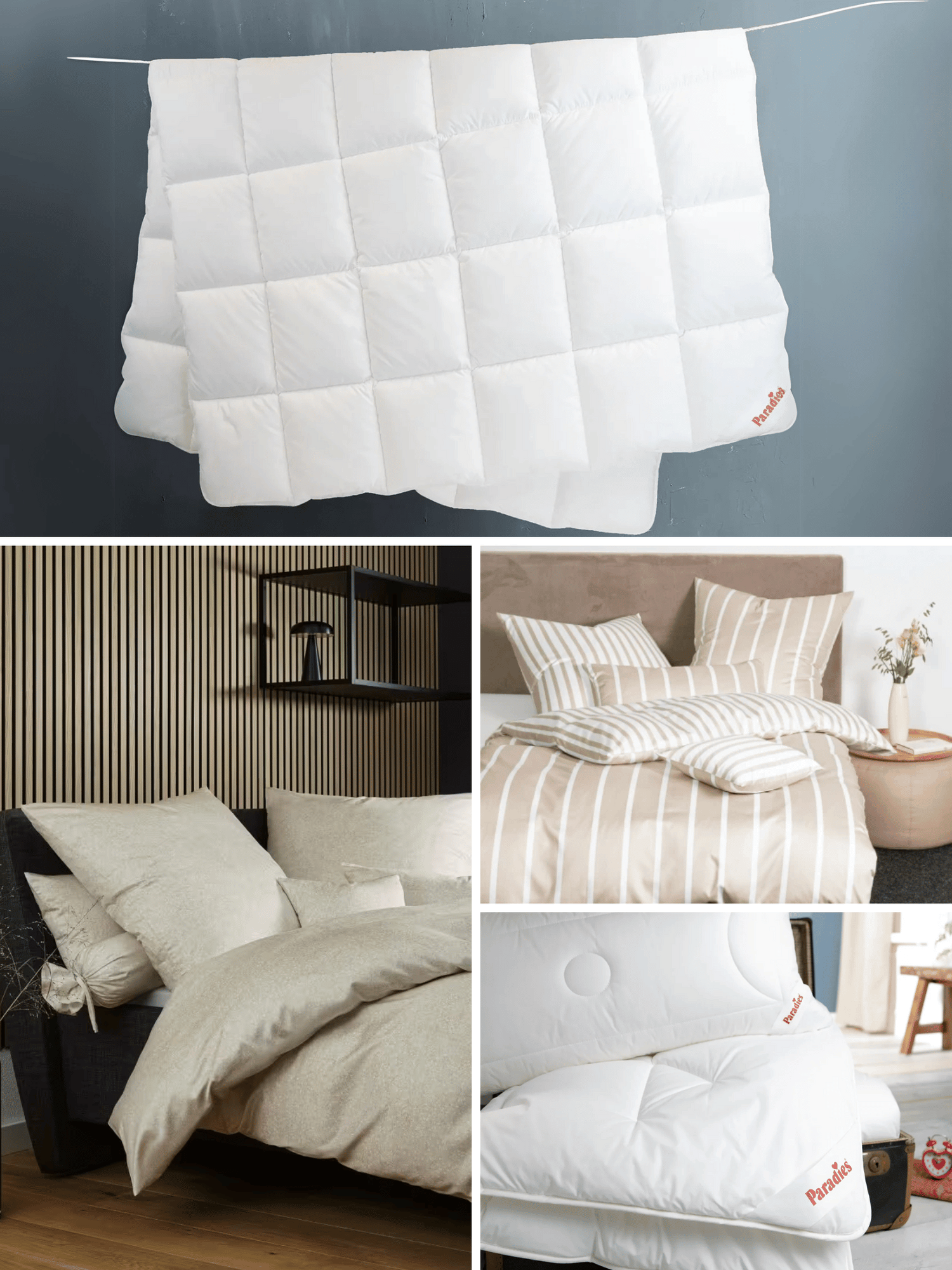 Collage mit hochwertigen Bettwaren wie Bettdecken, Kissen und stilvoller Bettwäsche aus Baumwolle und Satin für erholsamen Schlaf