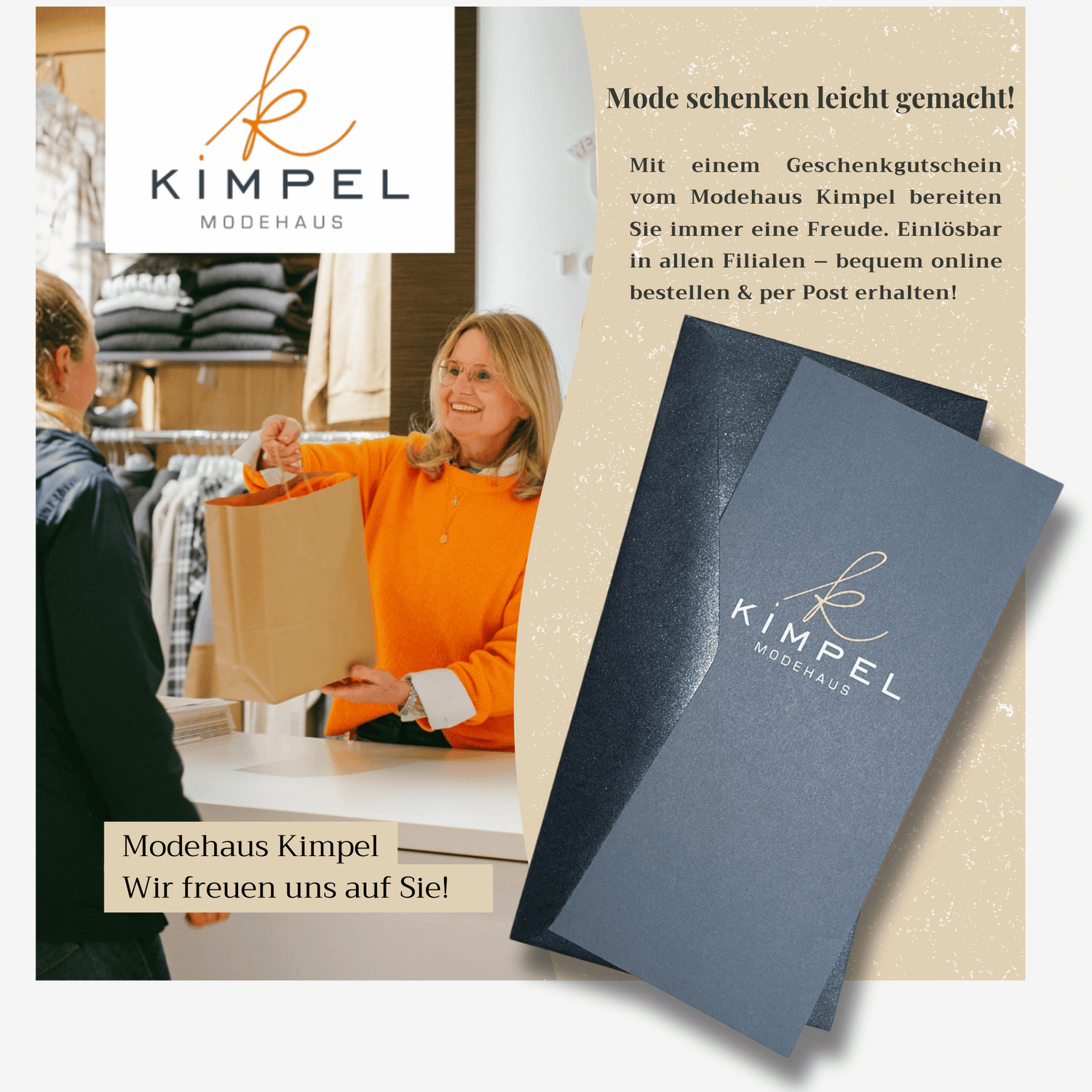Frau Kimpel überreicht im Modehaus Kimpel eine Einkaufstüte an der Kasse – daneben eine elegante Gutscheinverpackung mit Kimpel Modehaus-Logo auf beigem Hintergrund und dem Text „Mode schenken leicht gemacht!"
