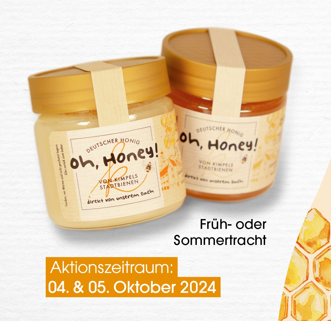 Werbegrafik zur „Oh, Honey!“-Aktion mit einem Glas hausgemachtem Honig als Geschenk beim Einkauf ab 99 € – passend zur Früh- oder Sommertracht bei Kimpel Mode & Sport.