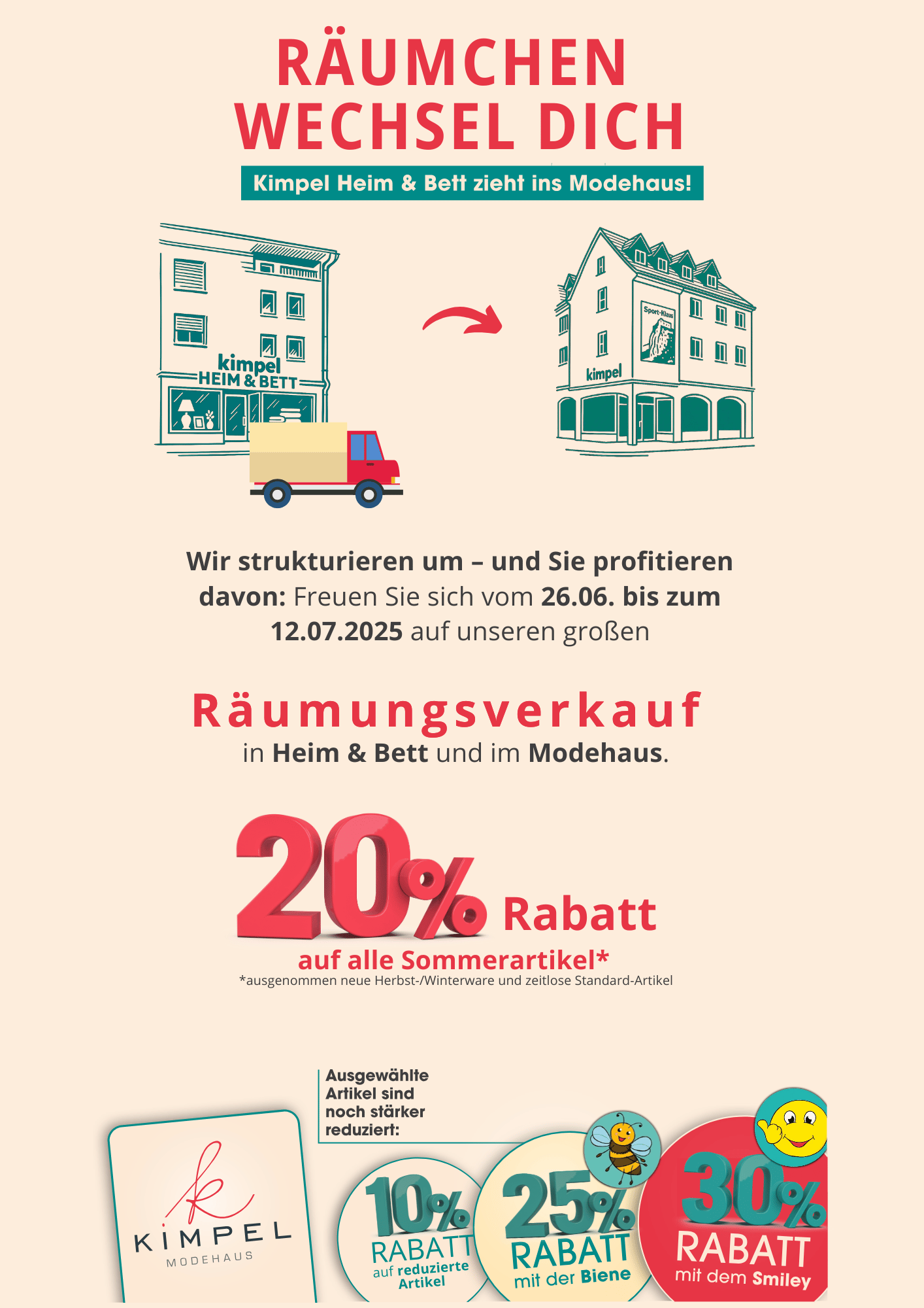 Illustration vom Umzugs-LKW zwischen zwei Gebäuden – Hinweis auf Umzug von „Heim & Bett“ ins Modehaus Kimpel mit großen Rabattaktionen und Sommerschlussverkauf.