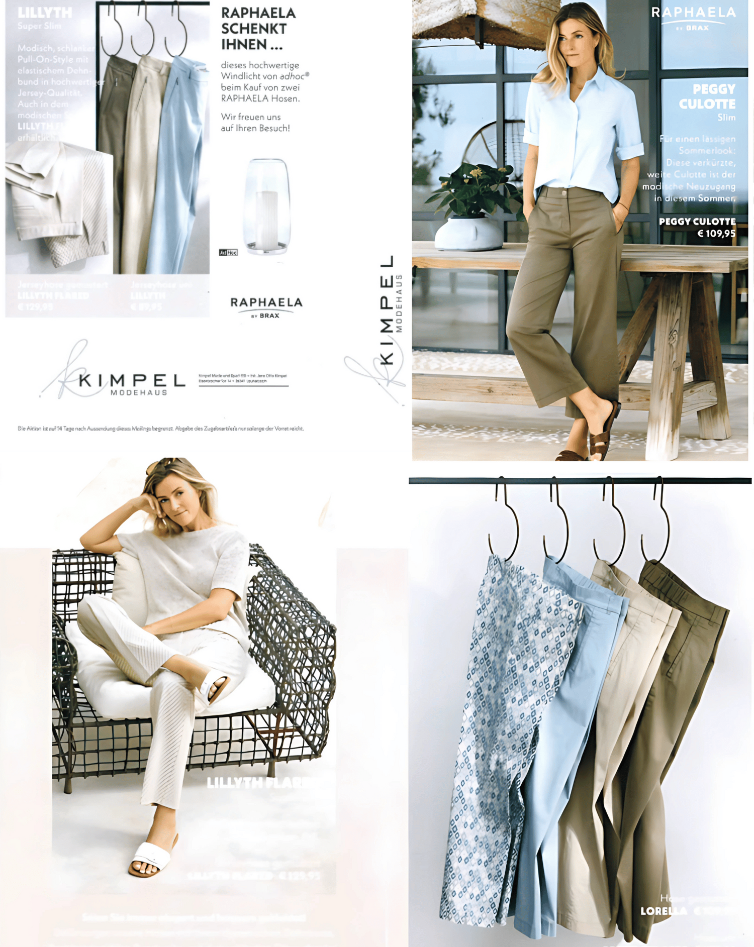 Werbegrafik zur Hosenaktion „Raphaela by BRAX“ mit stilvoller Damenmode und Hinweis auf Geschenkaktion beim Kauf von zwei Hosen bei Kimpel Mode & Sport.