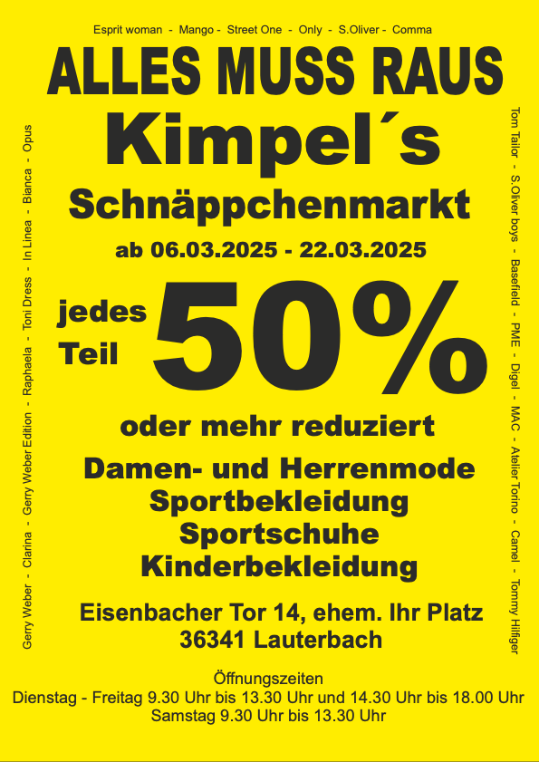 Knallgelbes Aktionsplakat zum Schnäppchenmarkt bei Kimpel Mode & Sport mit 50 % Rabatt auf Damen- und Herrenmode, Sportbekleidung und Kindermode – inklusive Standort- und Datumsangaben.