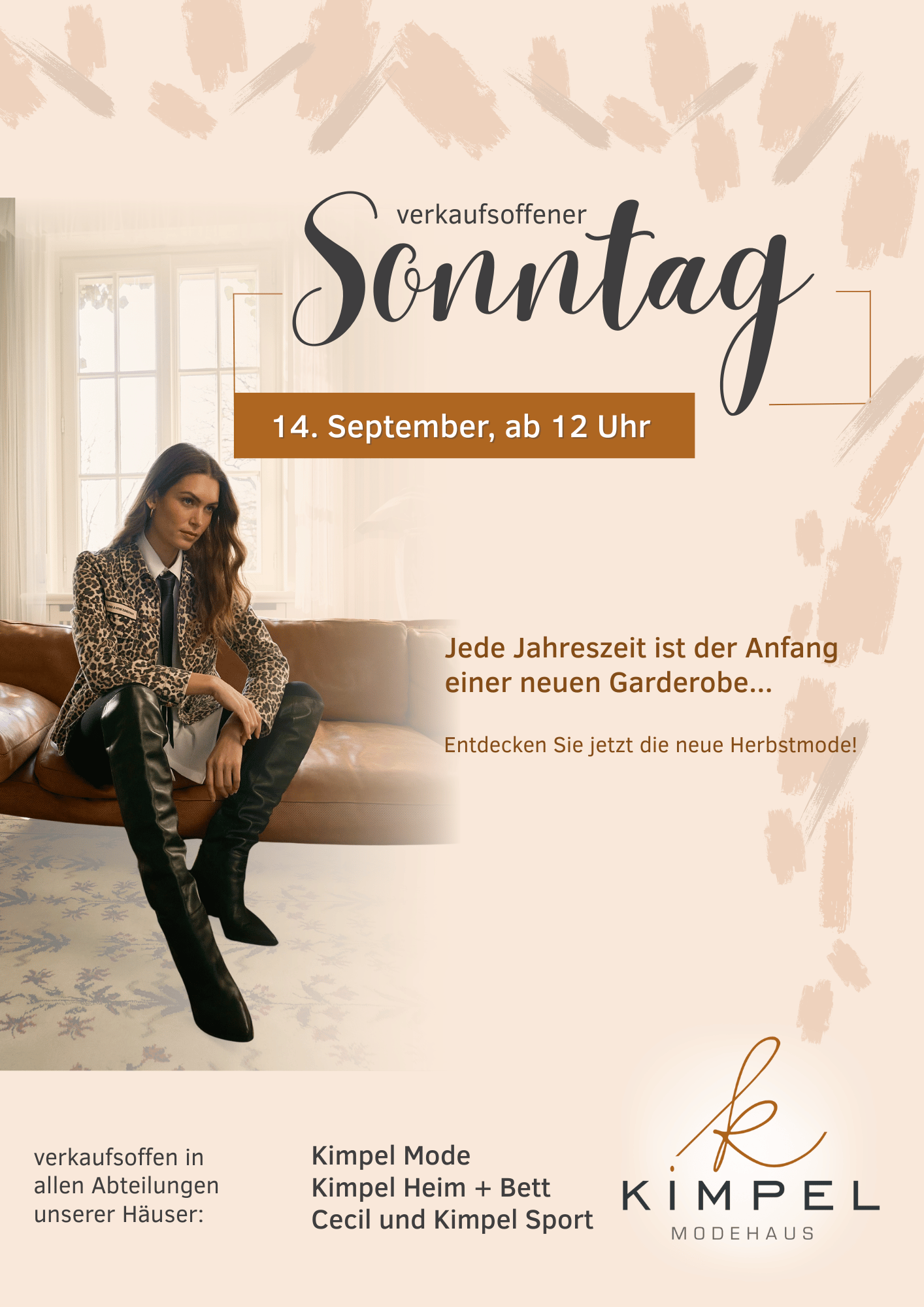 Modeplakat mit stilvoller Frau in Herbstoutfit – Hinweis auf verkaufsoffenen Sonntag im Modehaus Kimpel am 14. September, passend zum Herbststart und zur neuen Saisonmode.