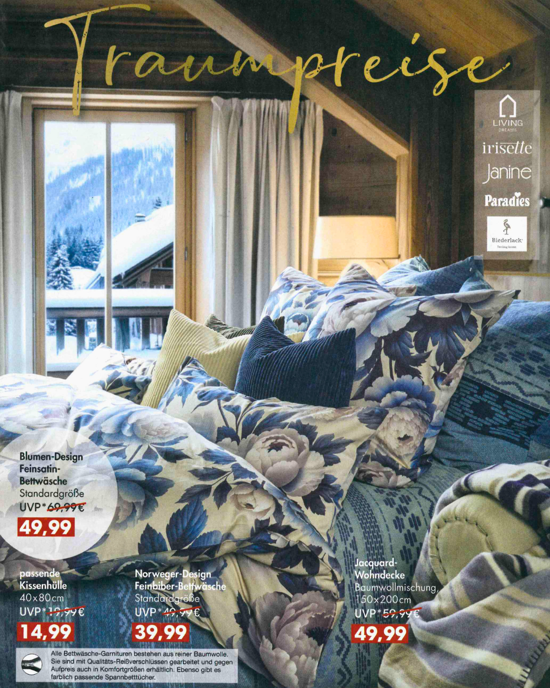 Titelseite des neuen „Heim & Bett Traumpreise“-Prospekts. Die Gestaltung zeigt ein modernes Schlafzimmer mit Bettwäsche und Möbeln in sanften Farben. Der Text „Traumpreise“ ist prominent platziert, daneben weitere Hinweise auf Angebote und Rabatte.