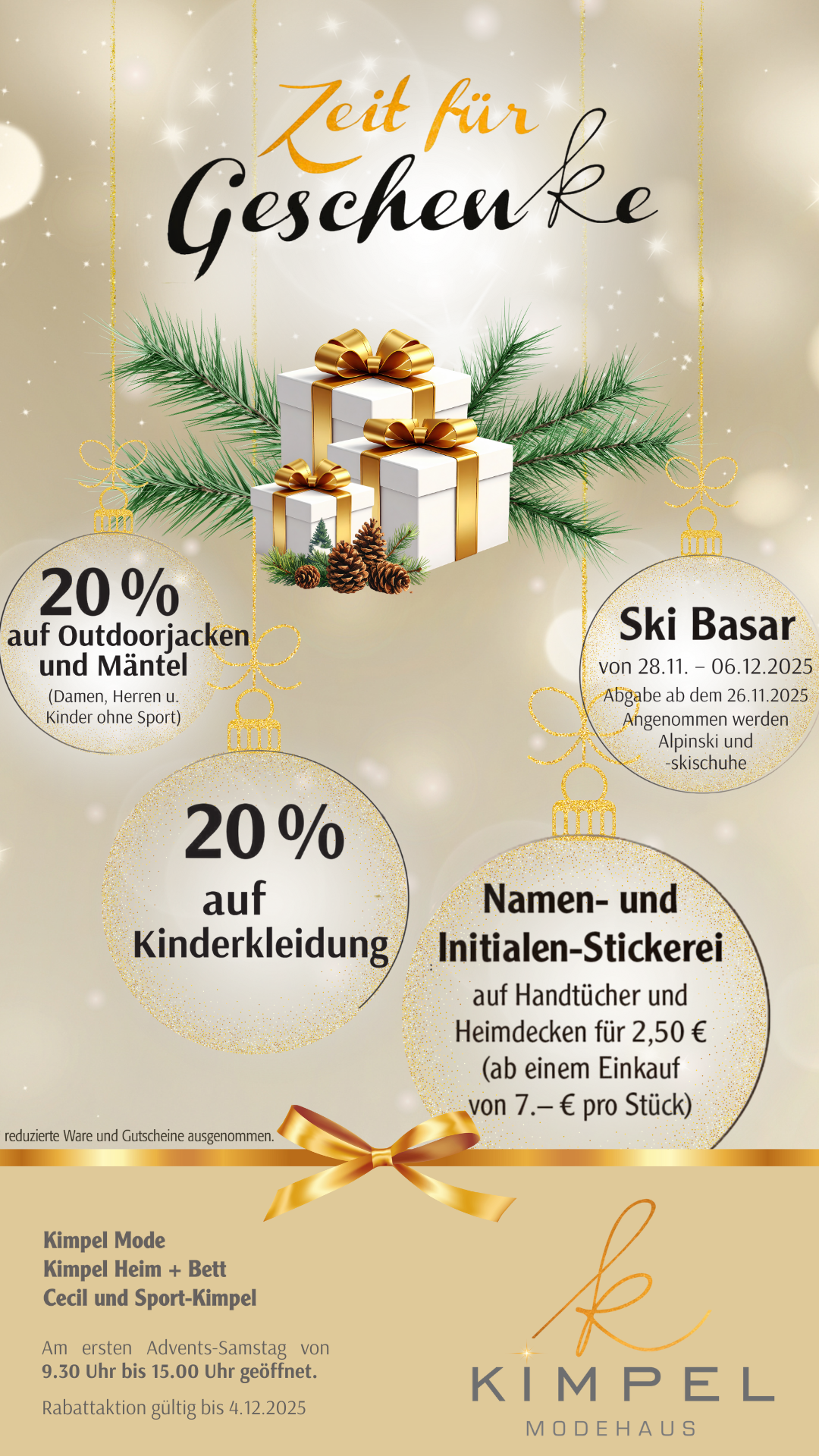 Weihnachtliches Aktionsplakat vom Modehaus Kimpel mit dem Titel „Zeit für Geschenke“. Beworben werden 20 % Rabatt auf Outdoorjacken, Mäntel und Kinderkleidung, eine Stickerei-Aktion sowie ein Ski-Basar vom 28.11.–06.12.2025.