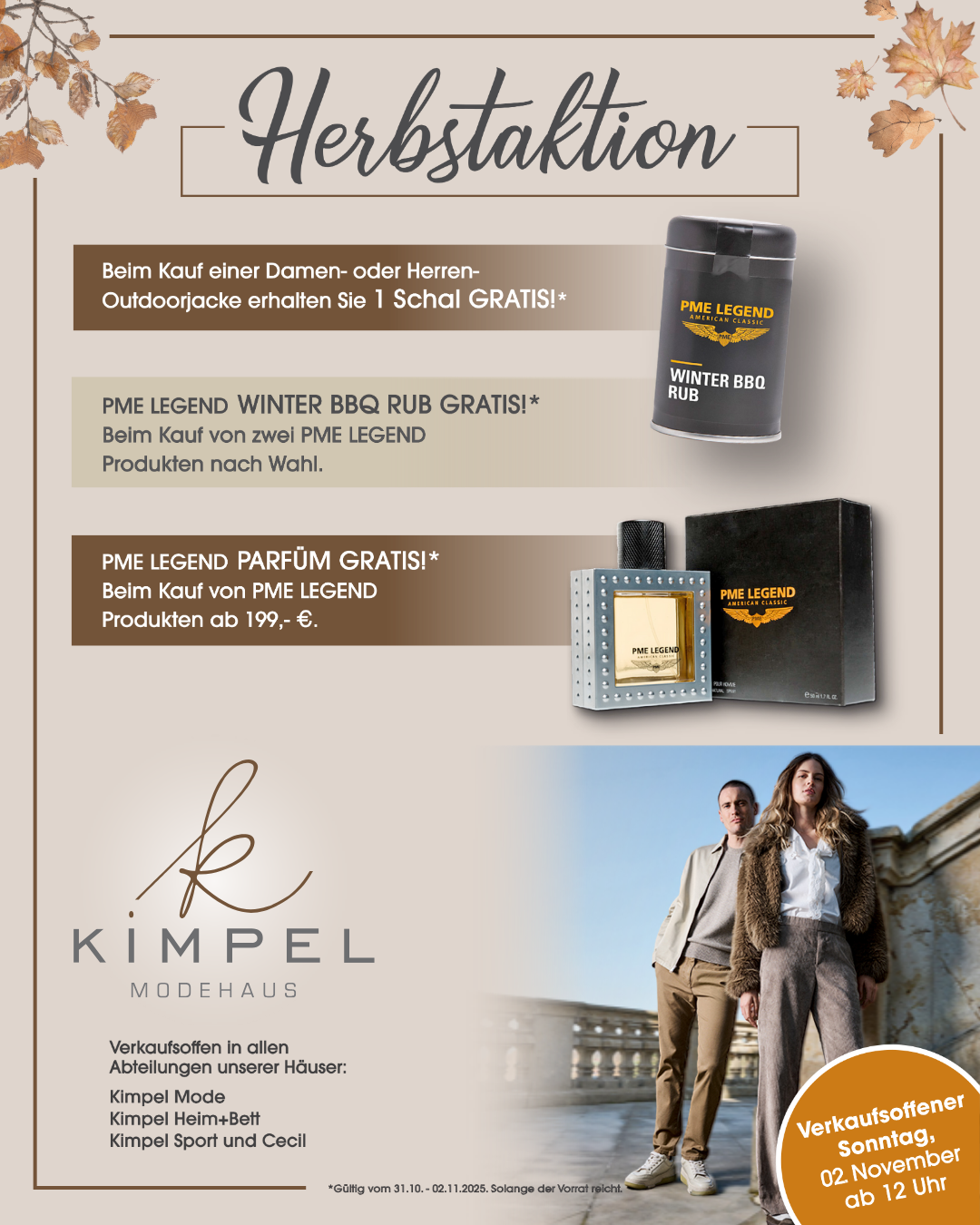 Herbstaktion im Modehaus Kimpel: Werbung für verkaufsoffenen Sonntag mit drei Gratis-Aktionen – Schal, BBQ Rub und Parfum – sowie Bild eines stylishen Paares in herbstlicher Mode.