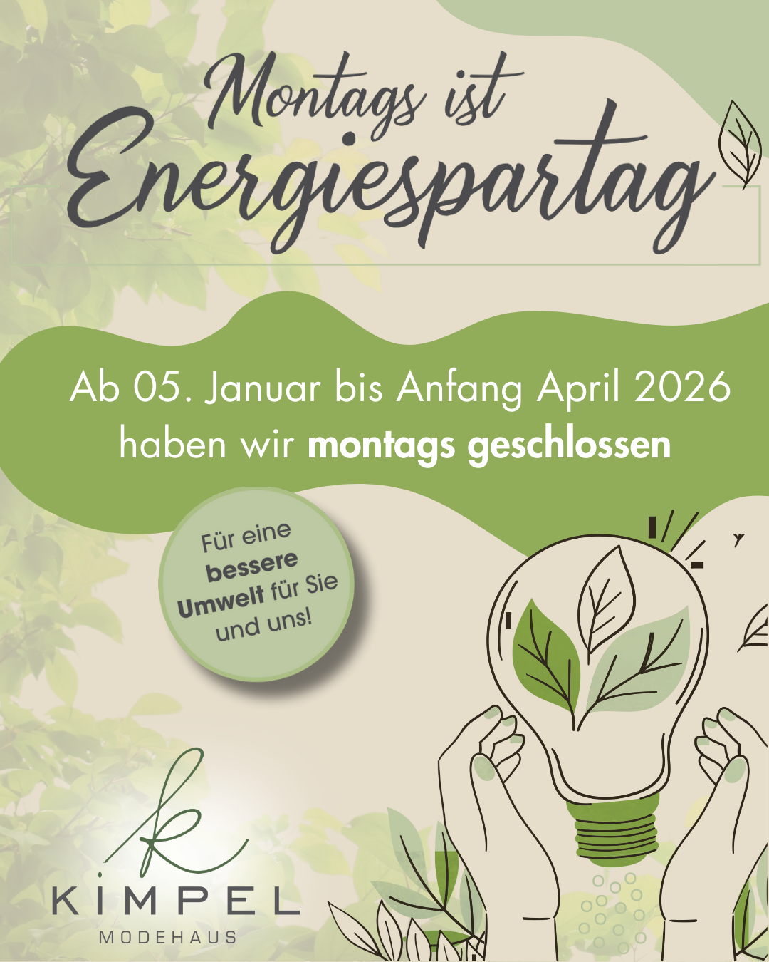 Montags ist Energiespartag – Kimpel Modehaus bleibt montags bis April 2026 geschlossen